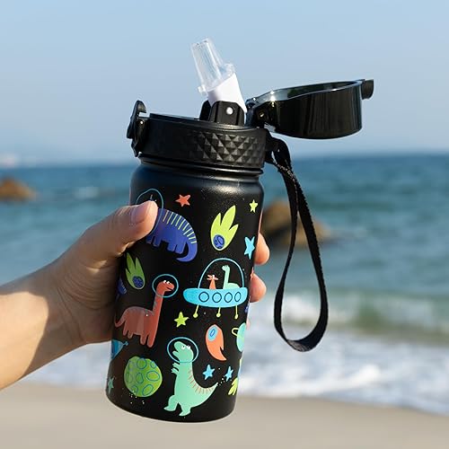 Miniatura 6 de GOPPUS Botella de agua aislada para niños, 14 onzas, sin BPA, botella de viaje de acero inoxidable 188 con popote y doble pared a prueba de fugas al