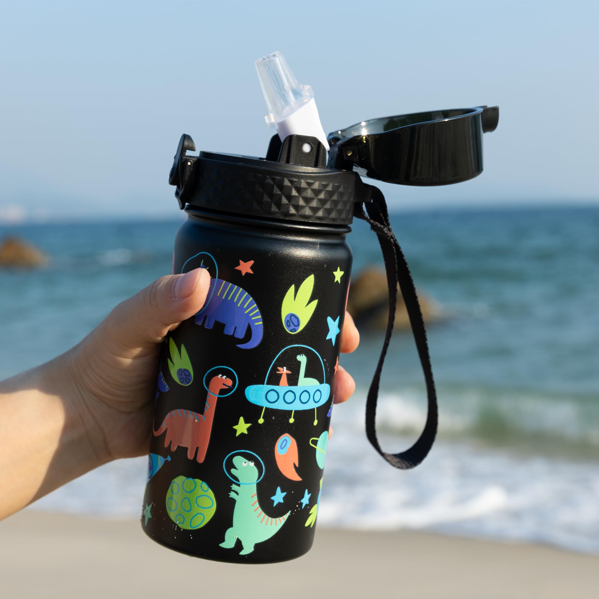 Botella de agua para niños (tapa con pajilla), botella de viaje de acero inoxidable de 14 onzas, doble pared al vacío a prueba de fugas, taza para niños y niñas, dinosaurio espacial 6