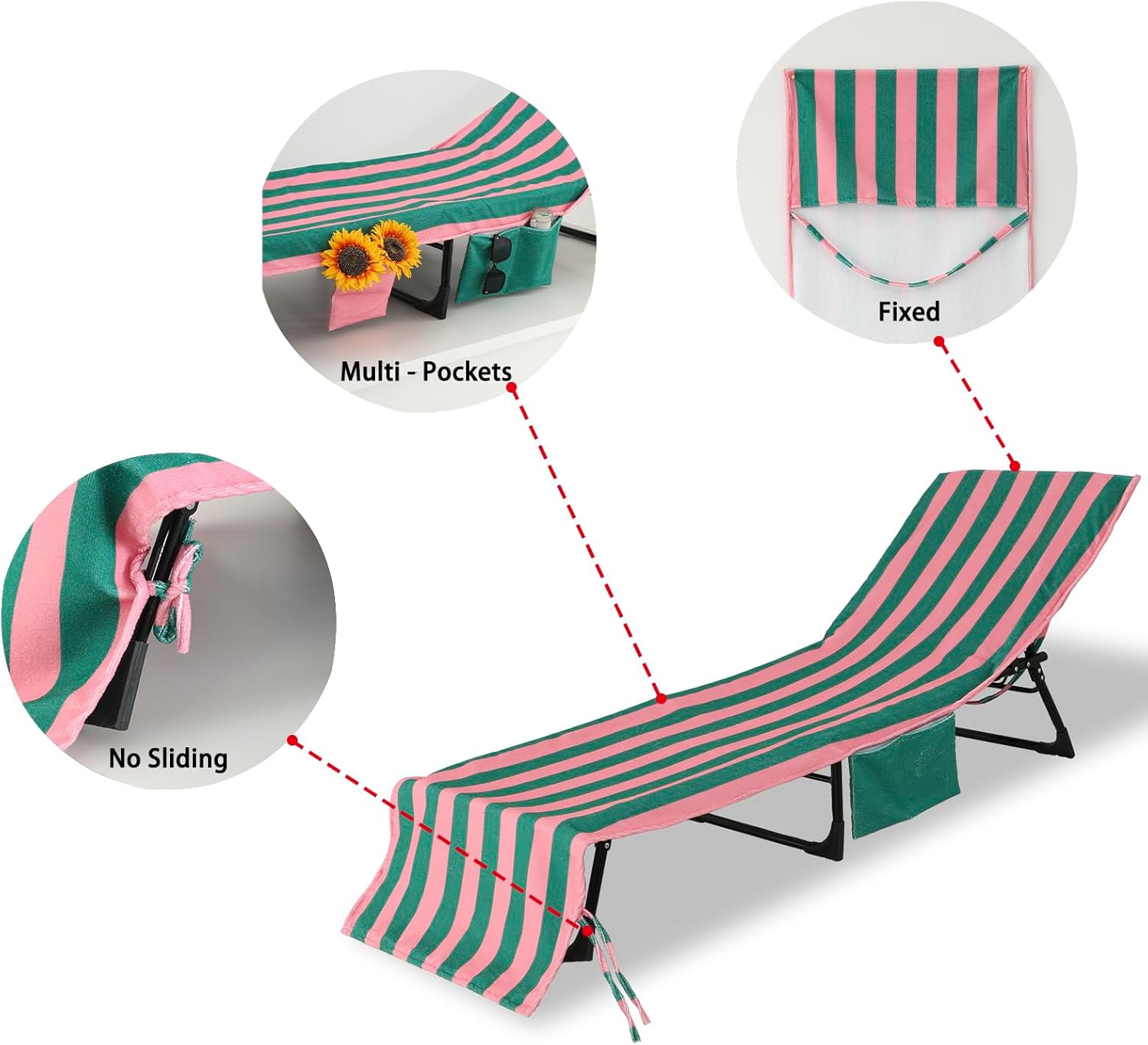 Beach Lounge Chair Towel Cover,Soft Microfiber Chaise Lounge Towel Cover Patio Pool Chairs Cover with Side Pockets,80" x 26" Chair Cover for Beach/Pool Sunbathing (Green and Pink Stripe)