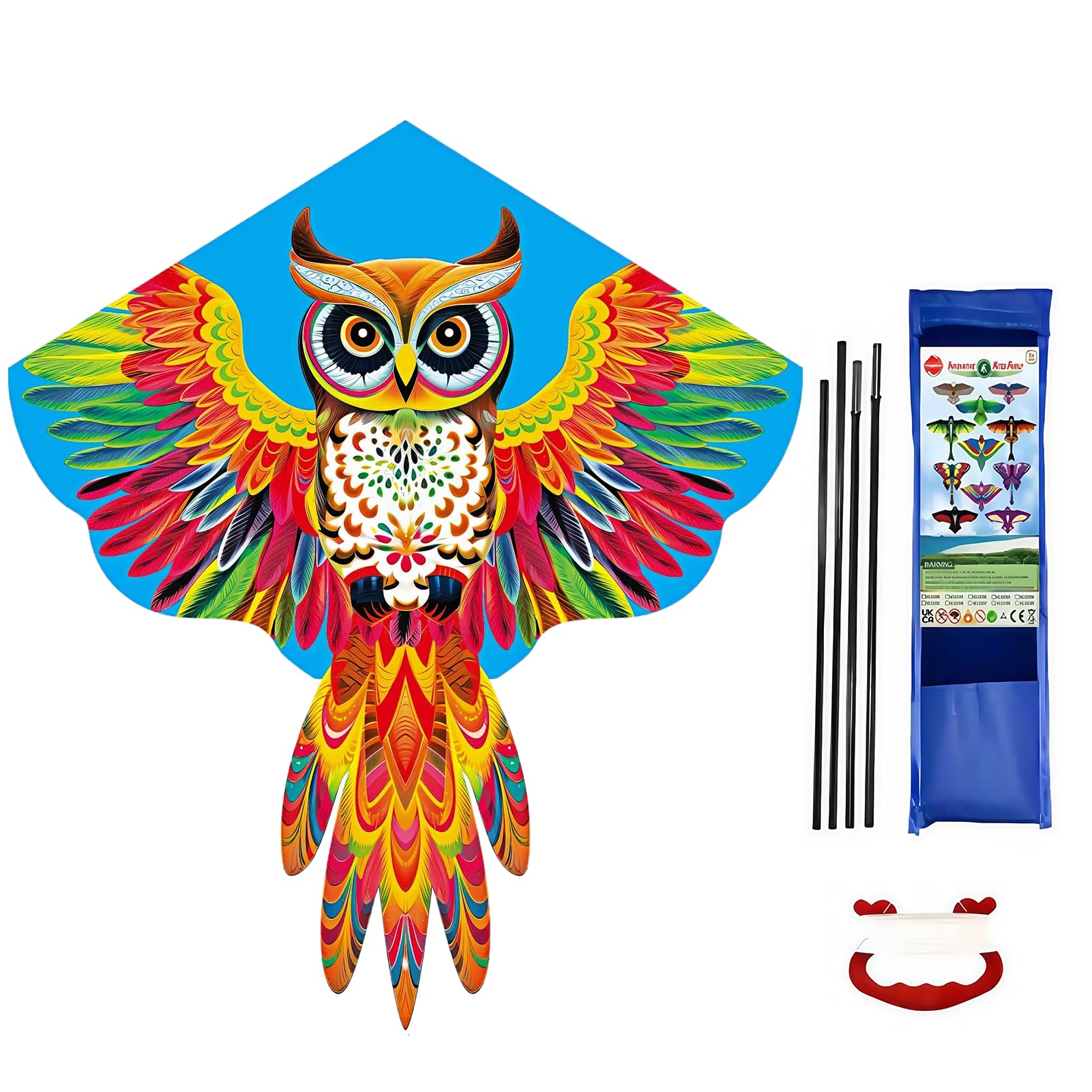 Large Owl Kite, 52x46inch Single Line Colorful Kite with Long Tail Beginner with Winding Handle and 100m Line Outdoor Park Games Activities