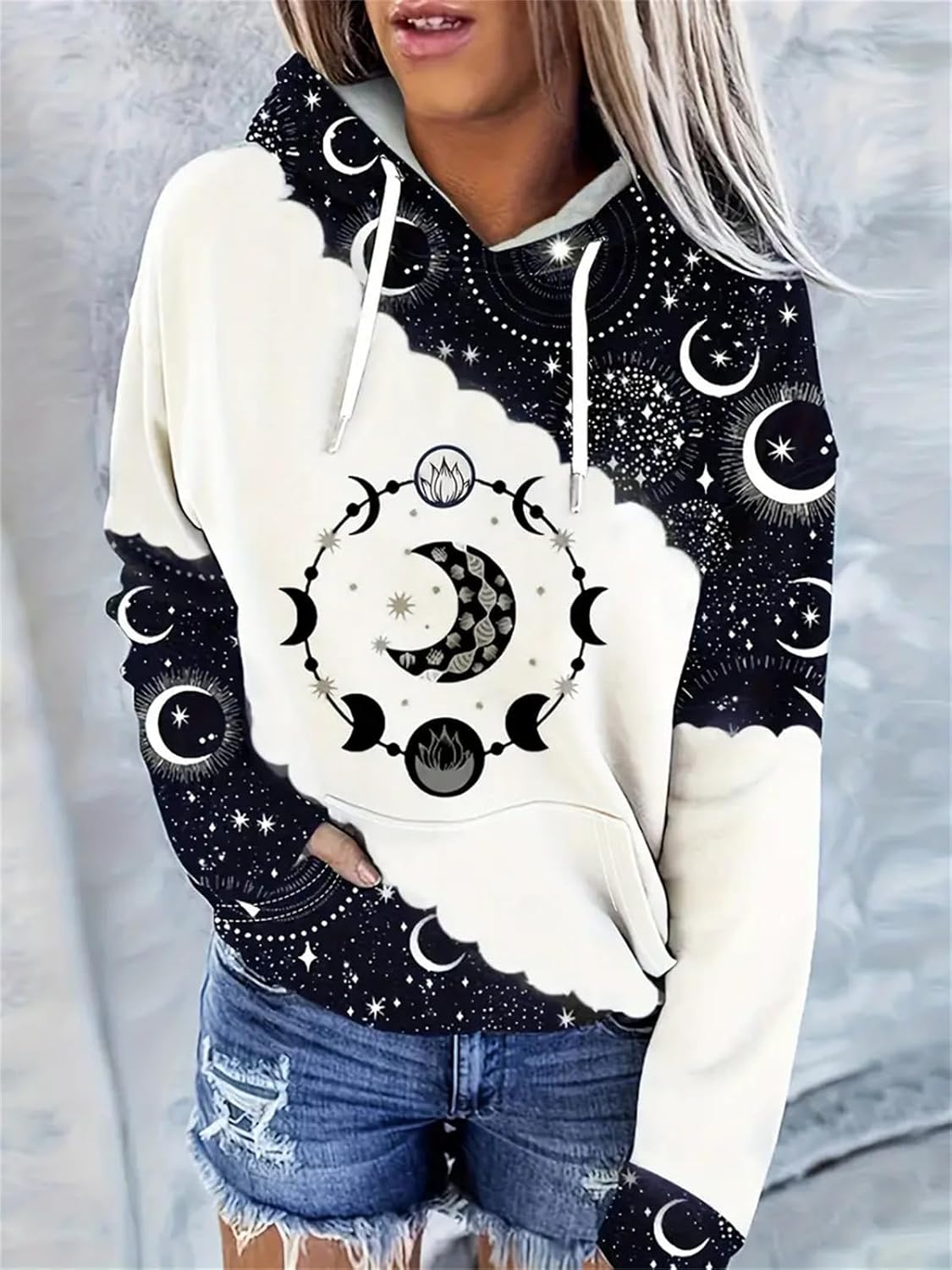 IVERIRMIN Women's Moon Phase Star Print Hoodies Casual Loose Long Sleeve Hooded Sweatshirt Celestial Hoodie with Pocket - Image 2
