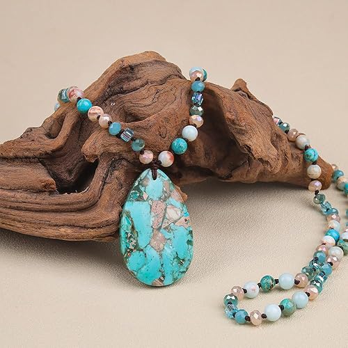 Miniatura 2 de Collares largos para mujer, bohemios, dije ovalado de turquesa con forma de gota de agua, cuentas de piedra natural, hecho a mano, vintage y