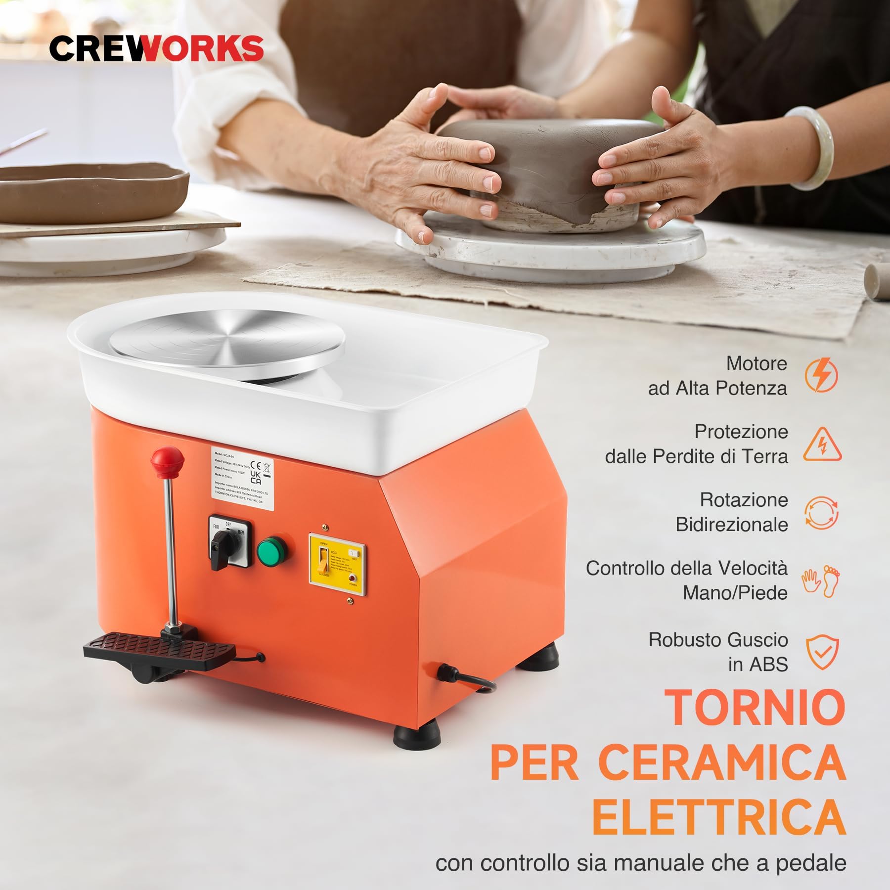 CREWORKS 350W Tornio per Ceramica Elettrico da 25 cm con Maniglia e Pedale Tornio per Argilla con velocità Regolabile a 300rpm e Strumenti per Scultura Ruota di Ceramica per Bambini Adulti