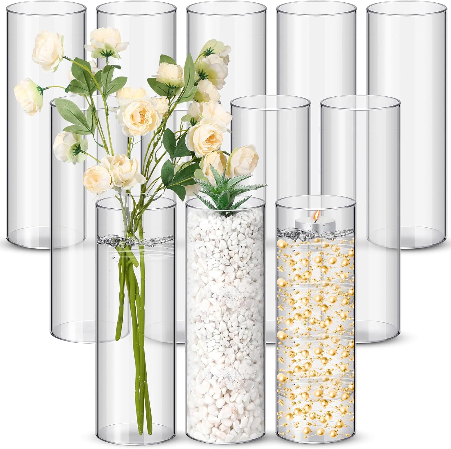 nuogo 12 pcs plastic clear cylinder vase for home 8,12,16 inch acrylic flower clear vase centerpiece for centerpieces wedding party decorations(10 inch)