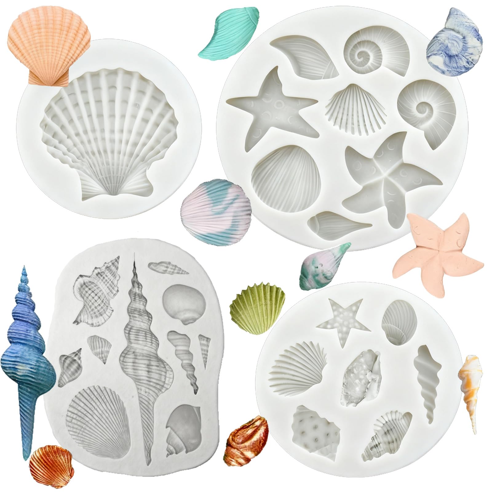 4Pcs Marine Theme Cake Fondant Silicone Mold, Seashell Conch Starfish Baking Molds, Silicone Baking Moulds for Cake Cookie Chocolate Candy Decoration Clay Crafting