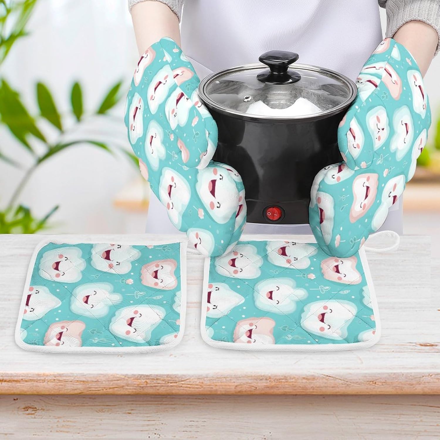 Cute Tooth Patterns 4 Pcs Oven Mitts and Pot Holders Set High Heat Resistant Long Kitchen Oven Glove Potholders
