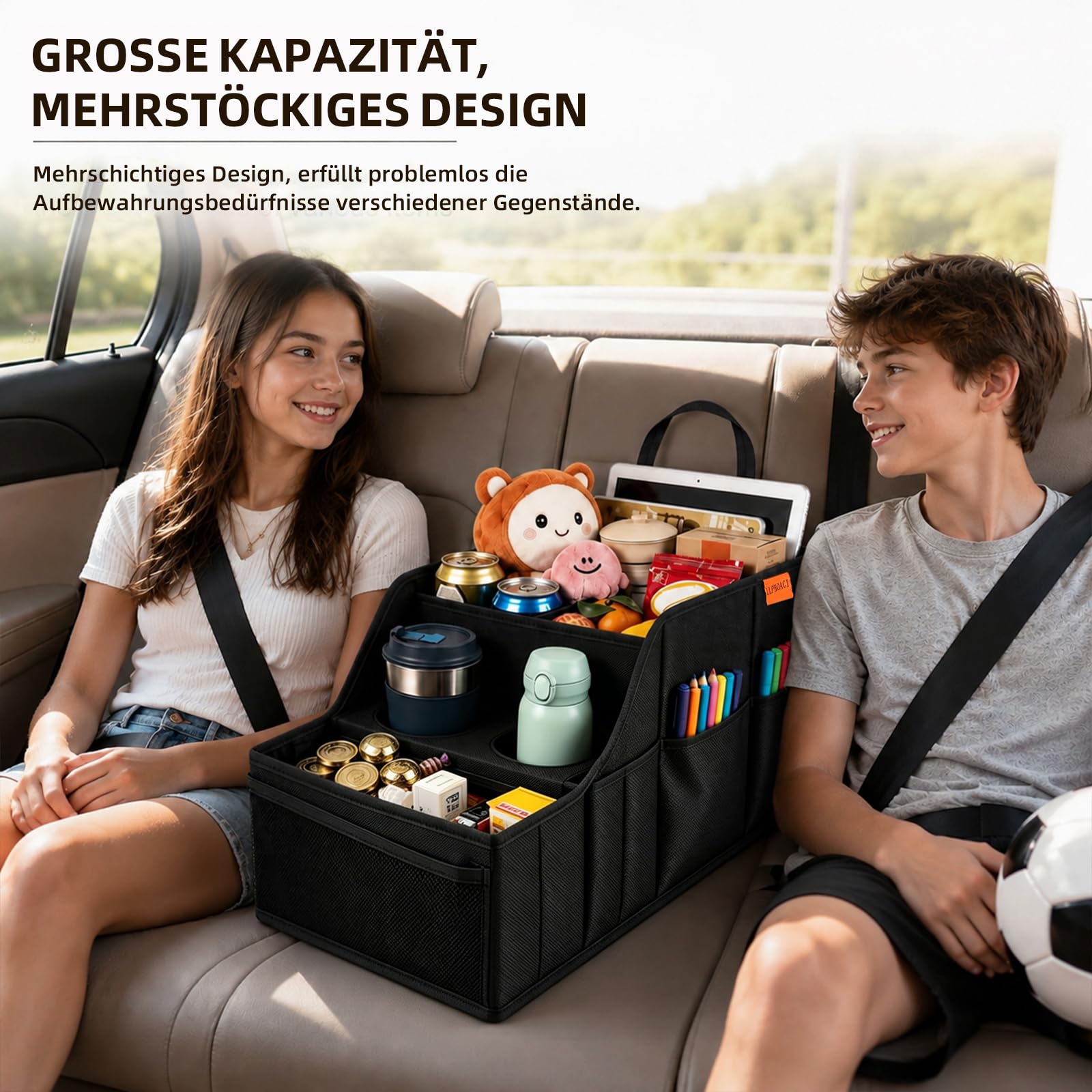 Auto Organizer – stabil, faltbar – 9 Fächer, 2 Getränkehalter – auto organizer für Rücksitz & Beifahrersitz – viel Platz – ideal für Reisen (Schwarz)