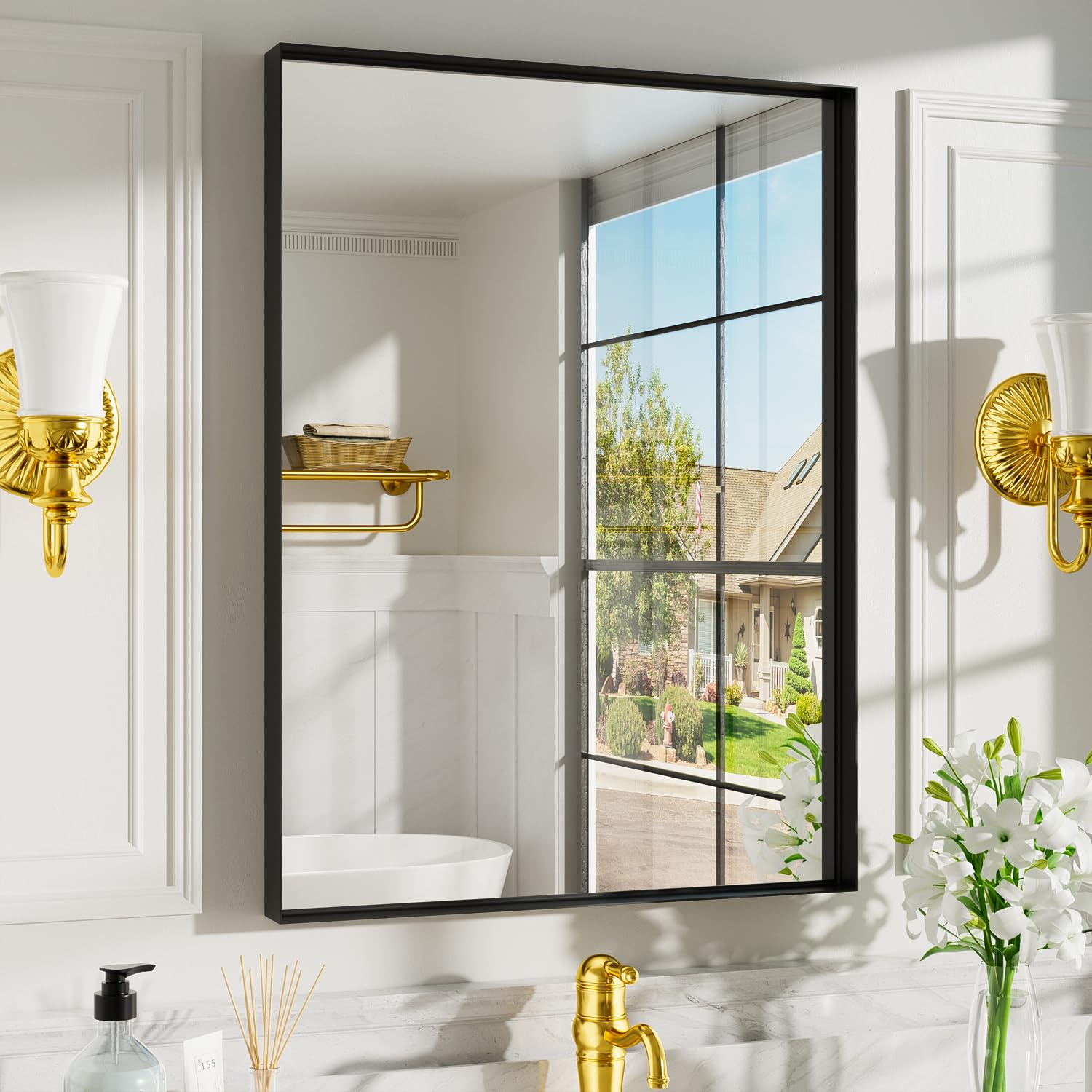 Black Vanity Wall Mirror 22x 30 Inch Rectangular Bathroom Mirrors for Over Sink Aluminum Metal Framed Mirror Tempered