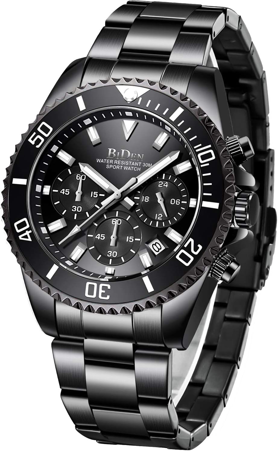 Mens Watches Chronograph Black Stainless Steel Waterproof Date Analog Quartz Watch Business Wrist Watches for Men