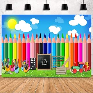 Children's Room Interior Decor Photography Background Crayon Sun Clouds Blue Background Kindergarten Activity Children's Room Wallpaper Decor Welcome Back to School Backdrop,7x5ft