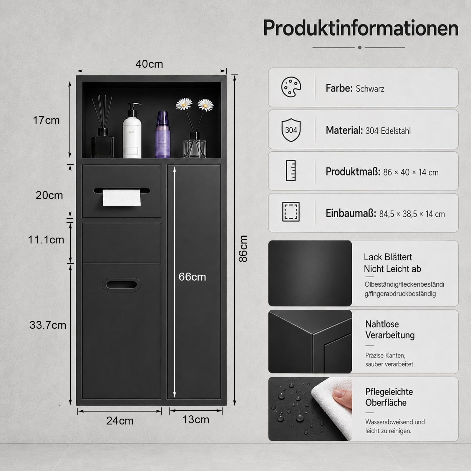 Unterputz Toilettenpapierhalter, Unterputz WC Modul, Wandnische Bad | 305 Edelstahl, Einbau-Mülleimer, Toilettenpapierhalter, WC-Bürstenhalter