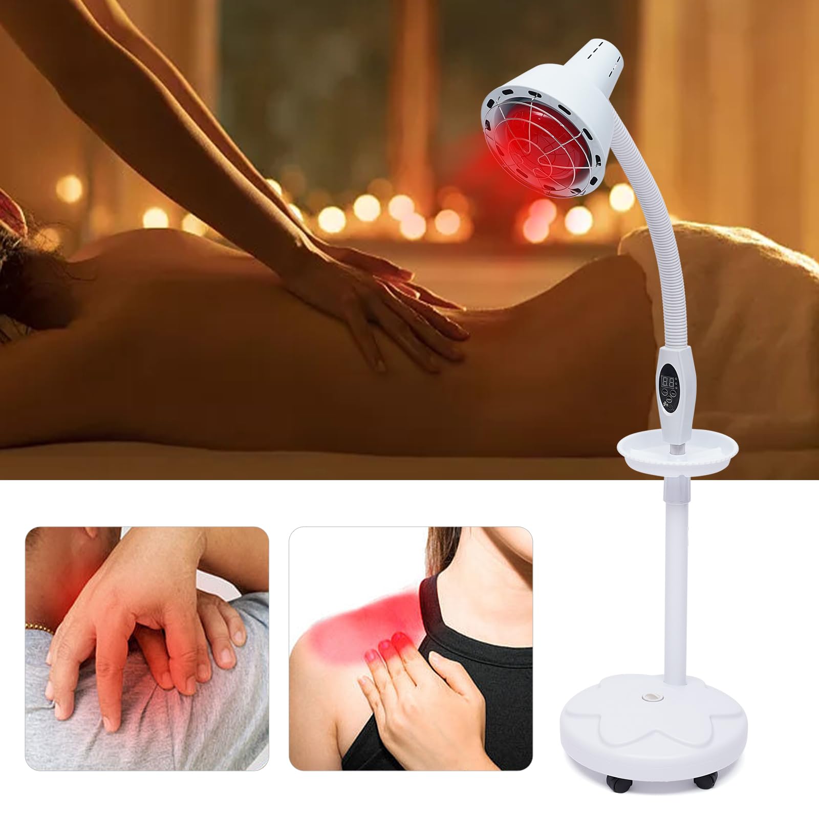 Lámpara infrarroja de luz roja, lámpara de calor con soporte, lámpara de pie para tratamiento de heridas, rotación de 360°, 275 W, A++ hasta E