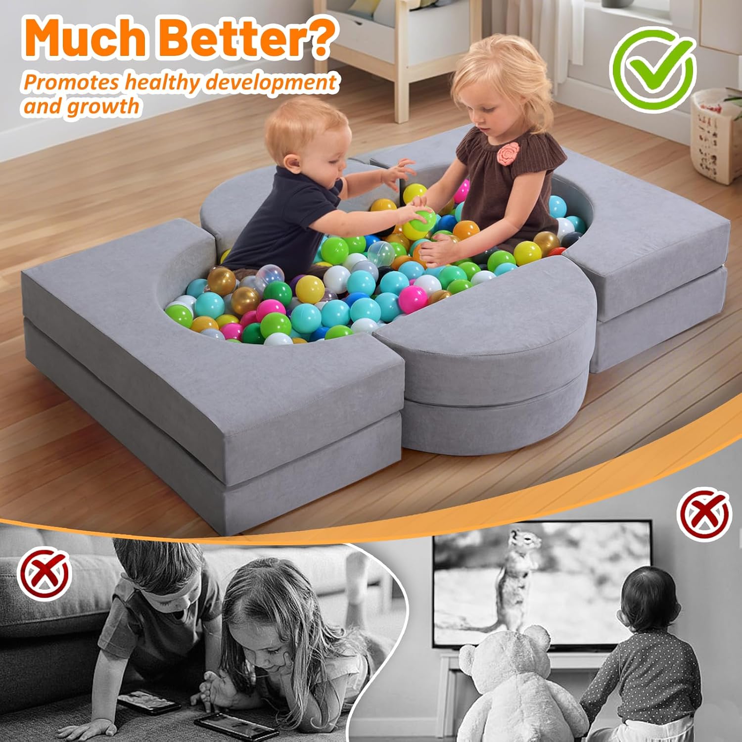 14Pcs Modular Kids Play Couch: Foam Toddler Building Blocks - Removable Kids Sofa Climbing Toys for Playing, Creativity, Convertible Play Fort Sectional Couch for Playroom, Bedroom Furniture, Grey