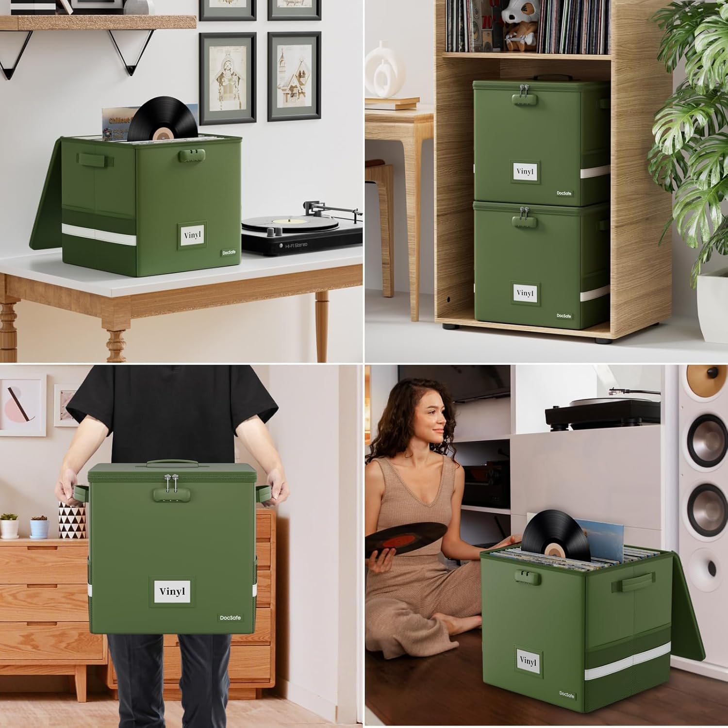 DocSafe Vinyl Record Storage Box with Lock, Fireproof＆Water Resistant Record Organizer for 100+ Single Records(12-inch), Collapsible Storage Crate with Lid&Handles for Valuable Album Collection,Green