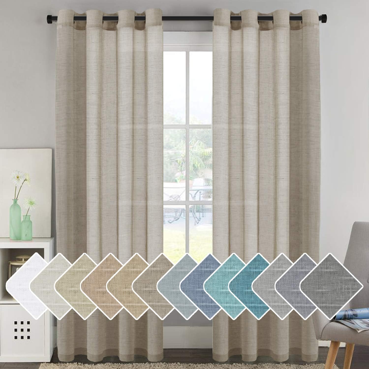 H.VERSAILTEX Natural Linen Curtains Soft Linen Semi Sheer Curtains for Living Room Window Privacy Translucent Ultra Elegant Linen Textured Drapes for Bedroom (52 by 96 Inch, Set of 2, Taupe)