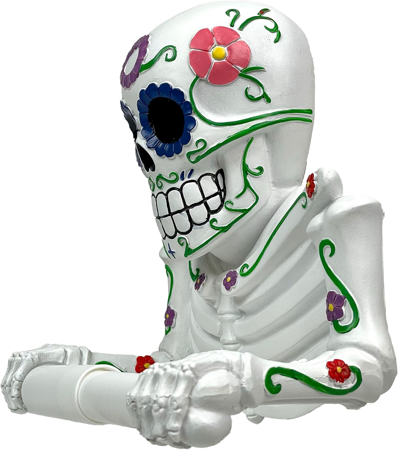 Day of the Dead Sugar Skull Toilet Paper Holder - Toilet Tissue Dispenser - Vibrant DOD Fiesta Decor for Bathroom - Easy Installation - 8.5 Inches High