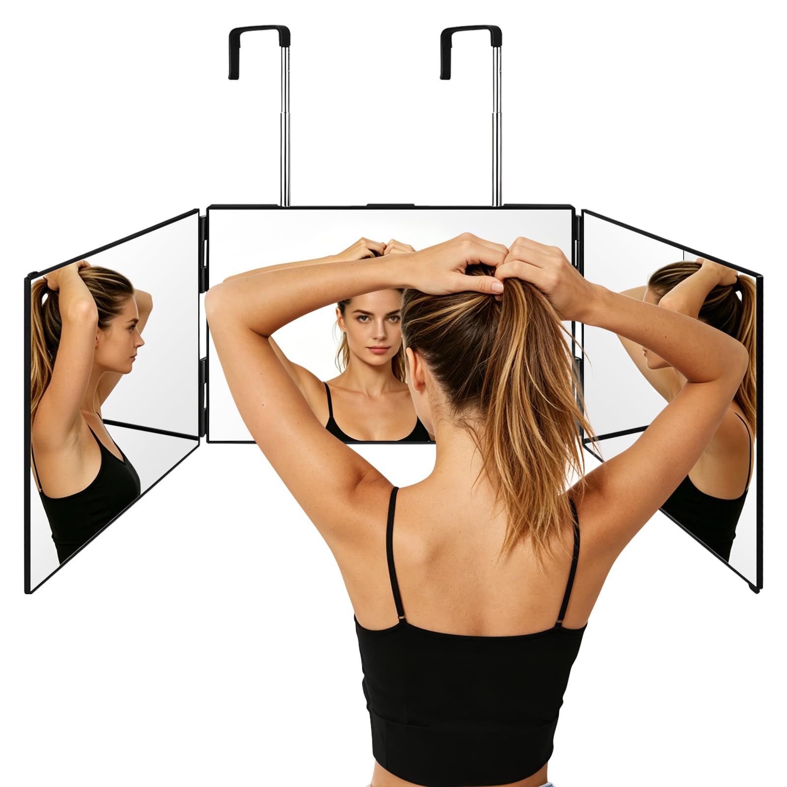 ICEBLUEOR Portable 360 Mirror for Self Haircut, Adjustable Height & Foldable 3 Way Mirror with Retractable Hook, Tri-fold Mirro Barber for Braiding & Shaving, Makeup DIY Hairstyle Tool for Men Women
