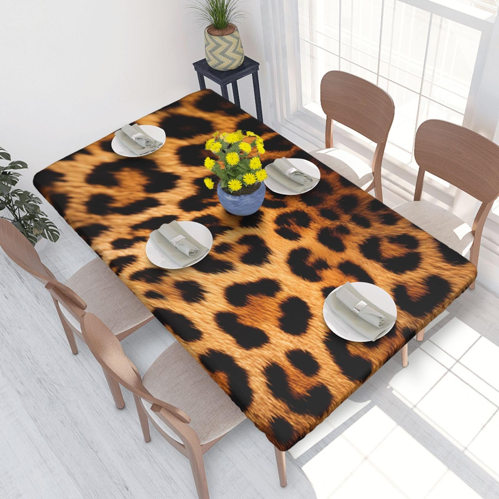 Leopard Print Waterproof Square Table Cover Elastic Fitted Tablecloth Oil Proof Table Protector For 4ft Table