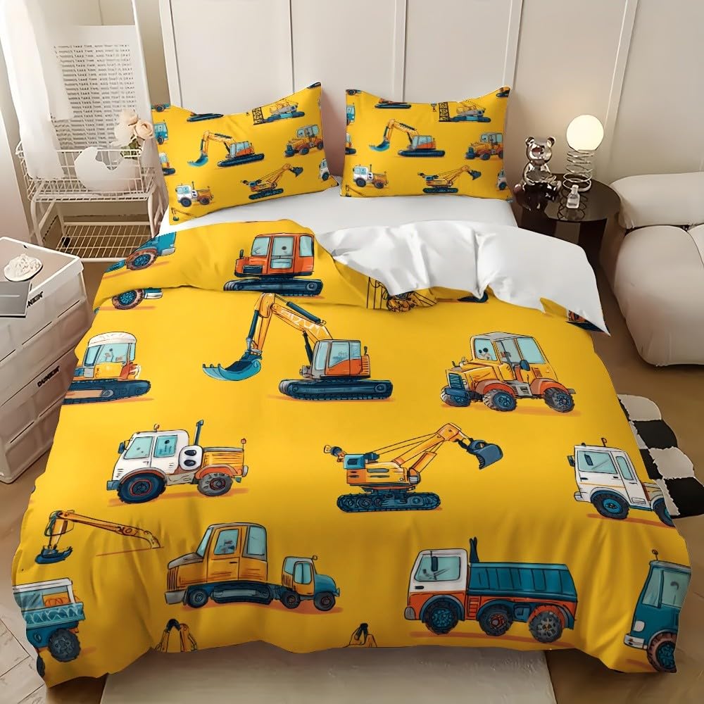 Housse de couette 240x220 dessin animé pelleteuse engin de chantier parure lit 2 personnes