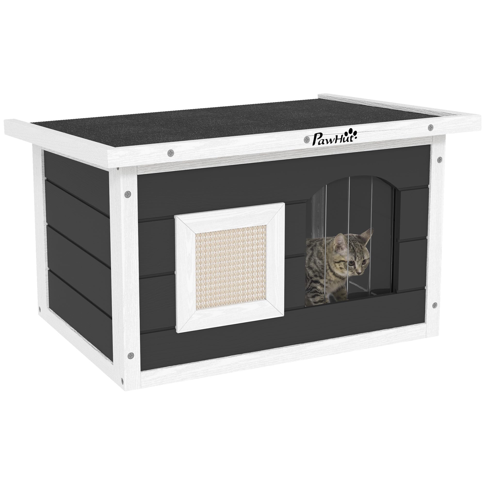 PawHut Casetta per gatti in legno, impermeabile, con tetto pieghevole per asfalto, tappetino estraibile, per gatti, per esterni, giardino, 61 x 45 x 36,5 cm, grigio