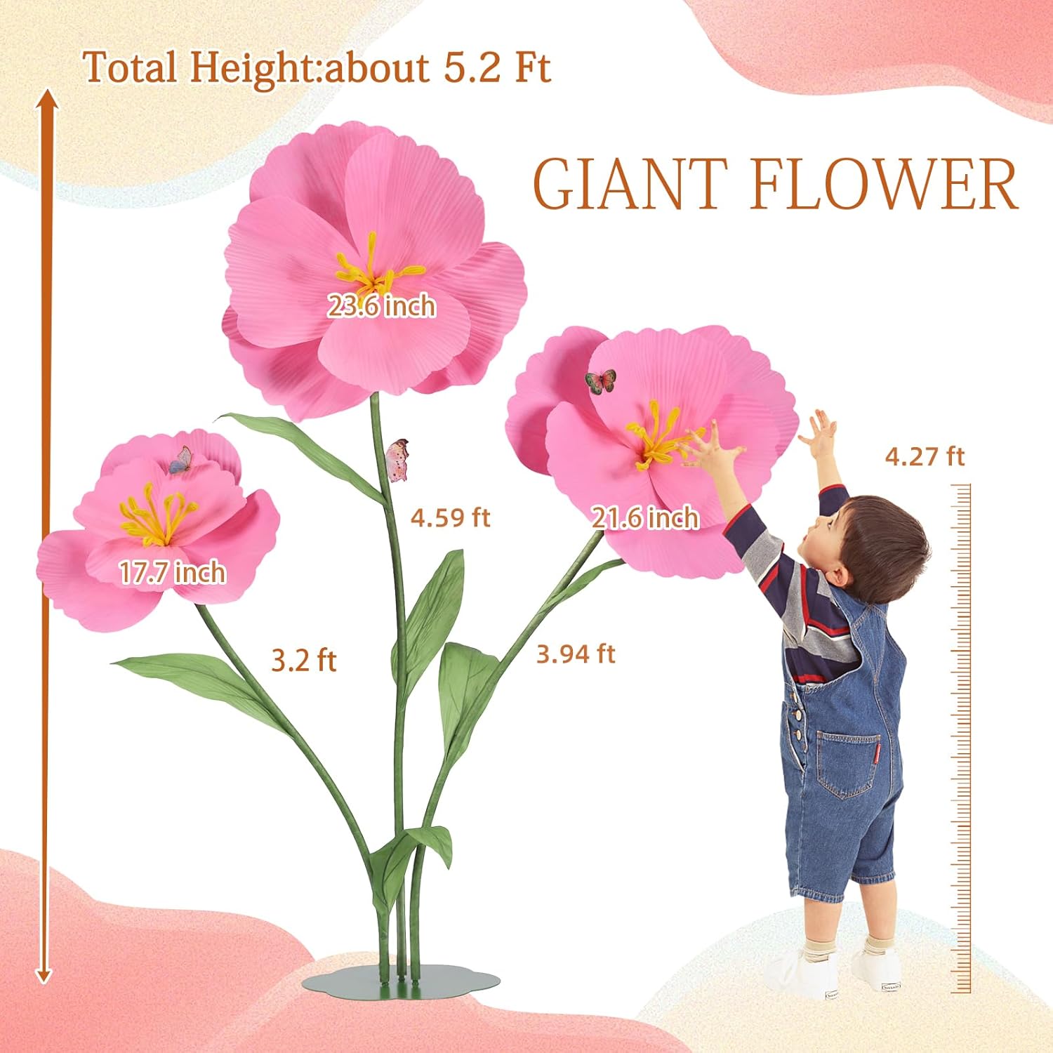 3PCS Giant Artificial Flowers Large Felt Fabric Flower Decorations for Room Bridal Shower Baby Shower Tea Party Wedding Arrangements Photographic Props(Pink)