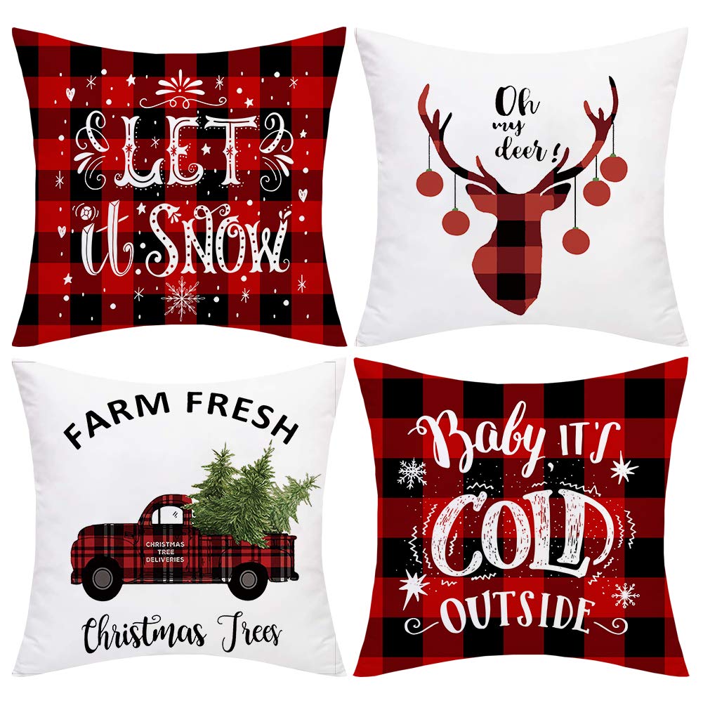 JOMMIE CHEN Christmas Cushion Covers set of 4, Farmhouse Buffalo Plaid Pillow Covers Red Cushion Covers 18x18 Decorative Xmas Cushions for Sofa, Bed（Red and White Plaid）