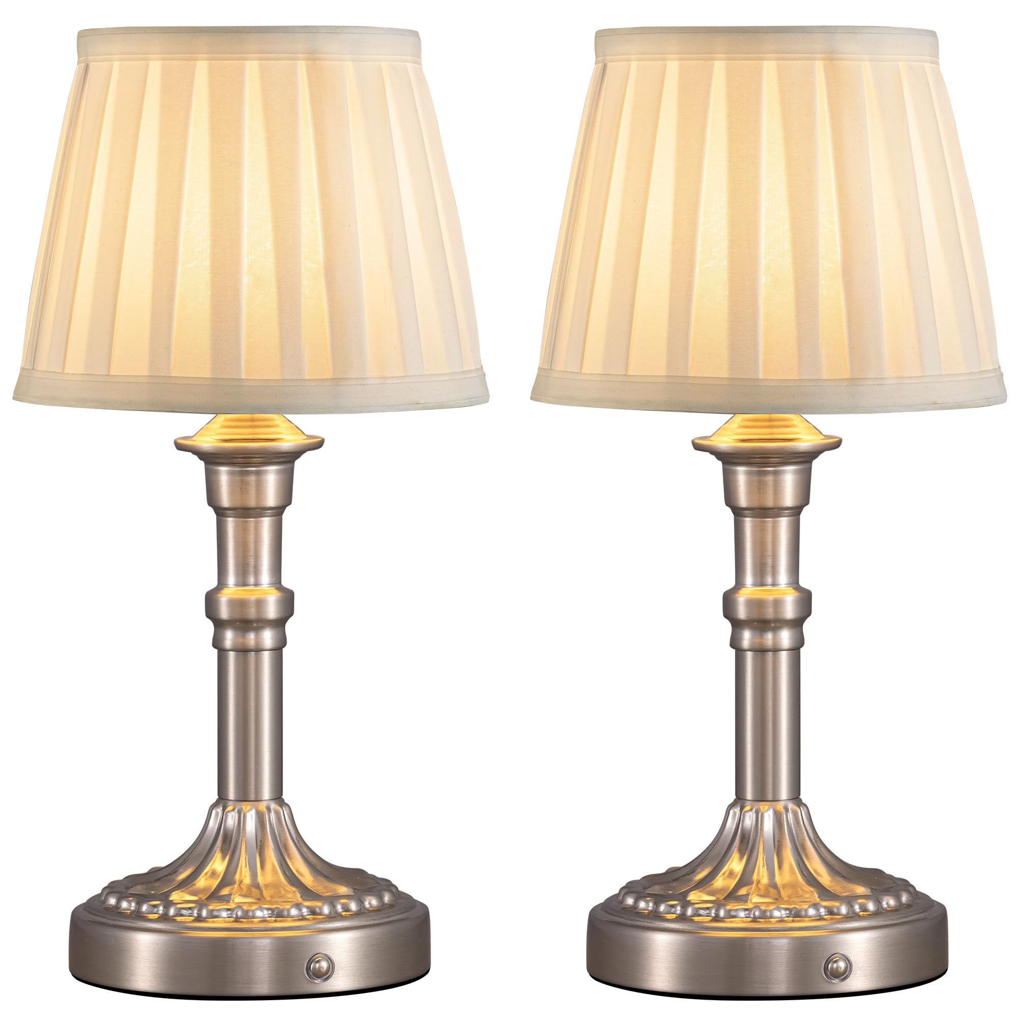Photo 1 of KDG Cordless Portables Table Lamp Set of 2, LED Fabric Shade Small Desk Lamps, 5000mAh Battery Powered Lighting, 2700K Stepless Dimmable Light for Living Room, Dining Room, Bedroom, Bedside (Nickel)