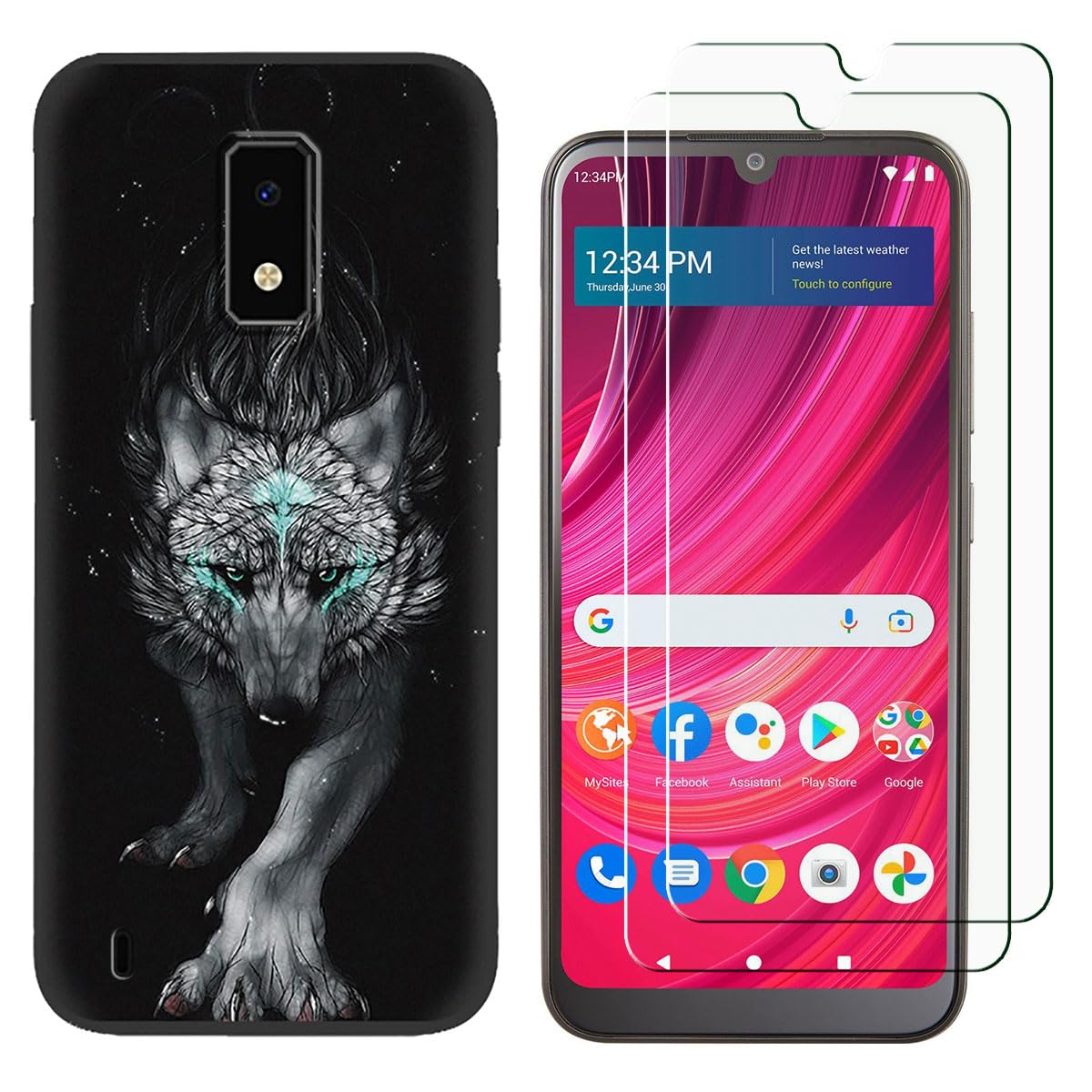 Tonvizern for BLU View 4 Case with 2 Tempered Glass Screen Protectors, Wolf Pattern Design, Slim Shockproof Protective Soft Silicone Phone Case Cover