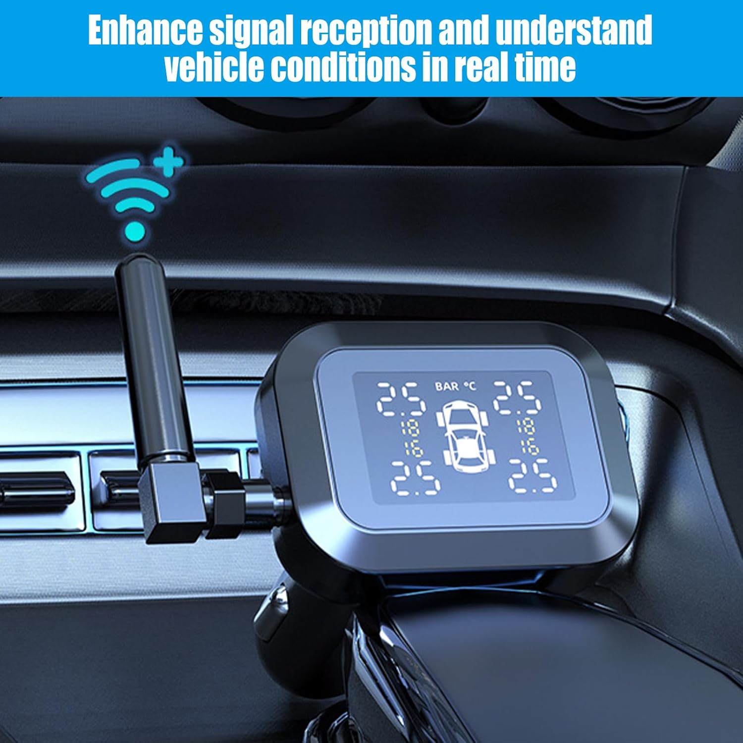 Tire Pressure Monitoring System TPMS, Wireless TPMS Sensor Kit Angle Adjustable, Real-time Tire Pressure Monitor System with 4 Waterproof External Sensors, for Car RV SUV MPV Sedan (with antenna)