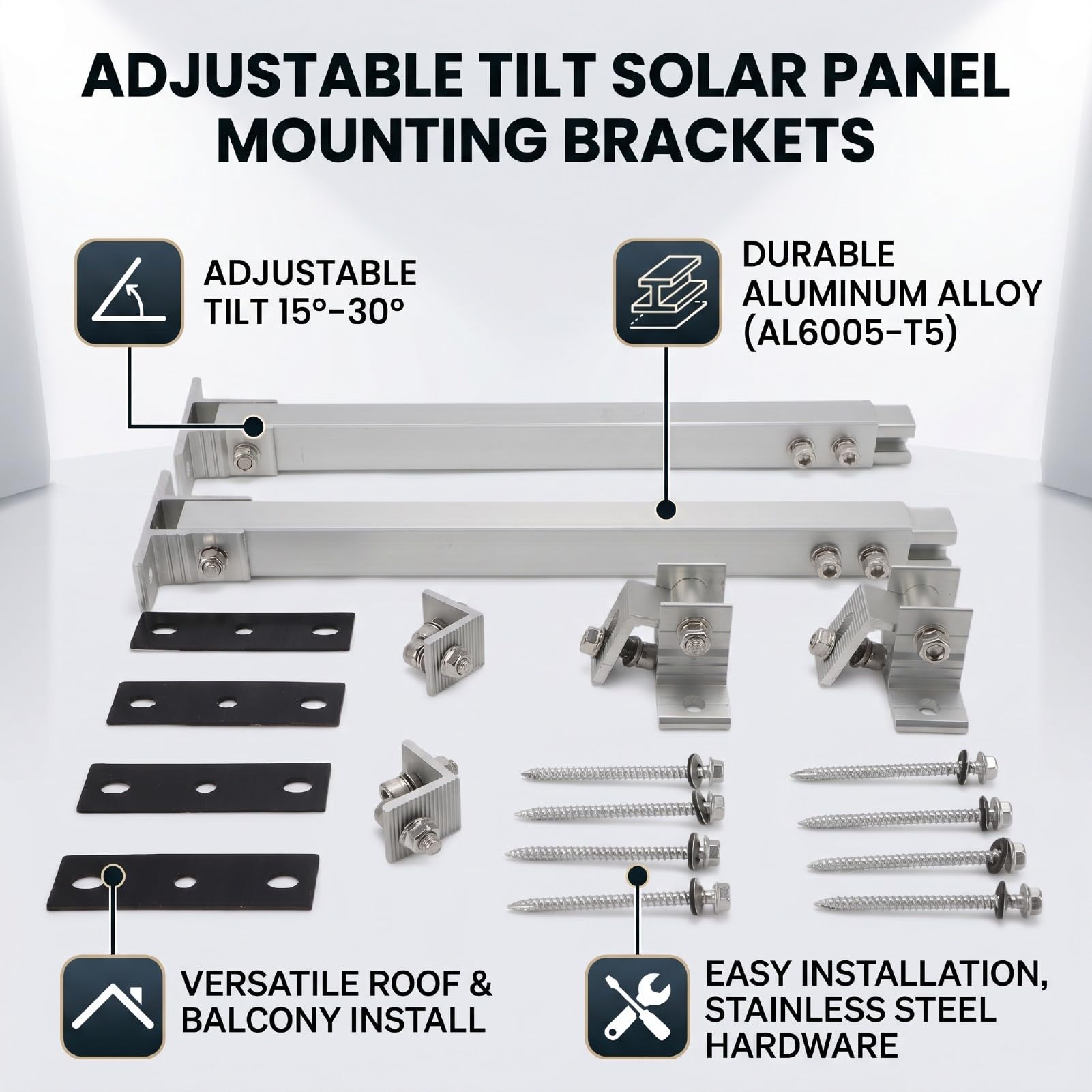 Generic Staffa di Montaggio per Pannello Solare Supporto Regolabile in Lega di Alluminio Durevole per Tetto del Balcone 2 Set di Inclinazione da 15 a 30 Gradi