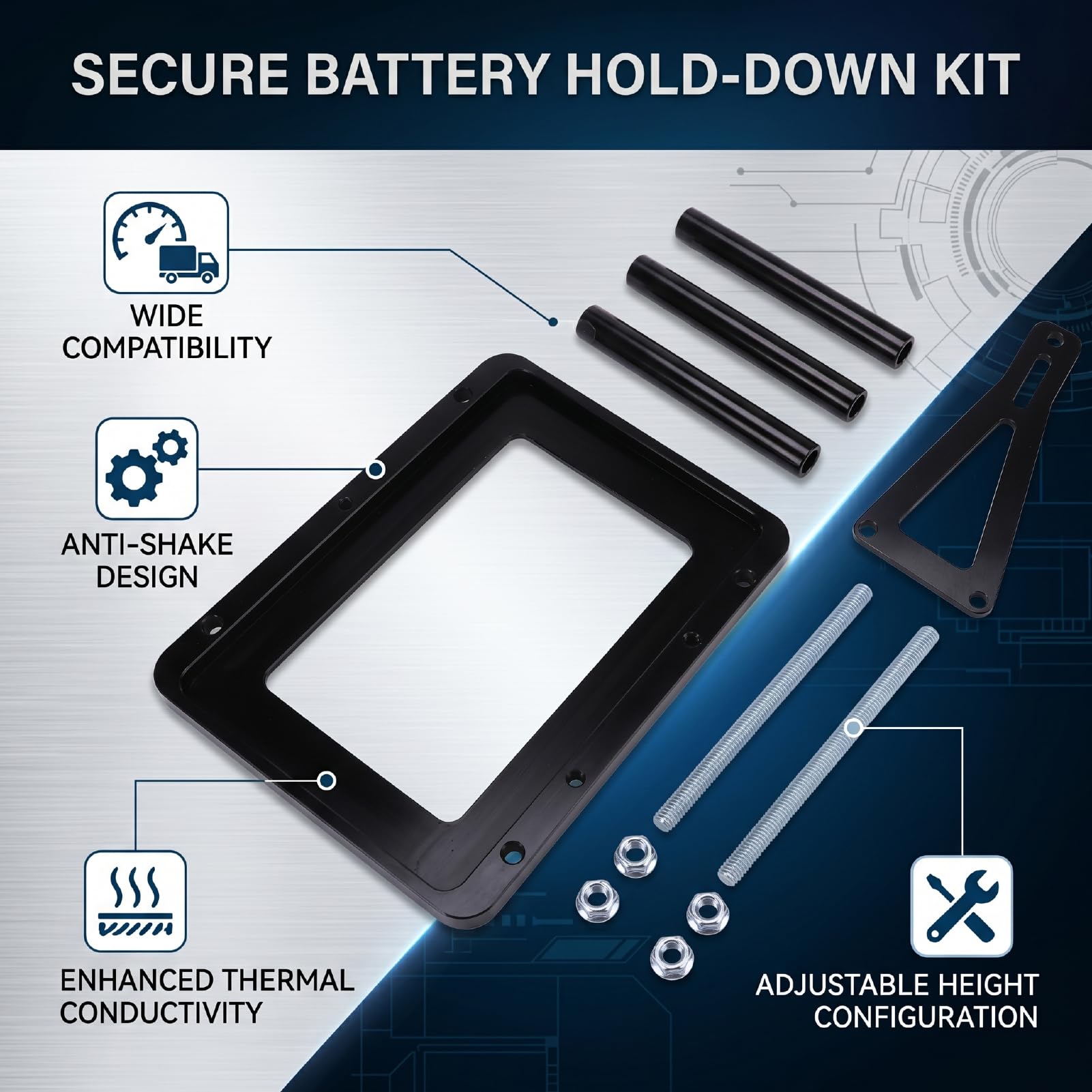 Yctze Batteriefach, Batteriehalterung, Kofferraumbatterie-Haltehalterung, Batteriehalterung aus Aluminiumlegierung mit Höhenverstellbarer Wärmeübertragung, Stoßfest