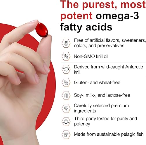 Miniatura 4 de Aceite de krill antártico  Aceite de krill omega 3 capturado en la naturaleza, 500 mg con EPA, DHA, astaxantina y fosfolípidos  Cerebro, corazón,