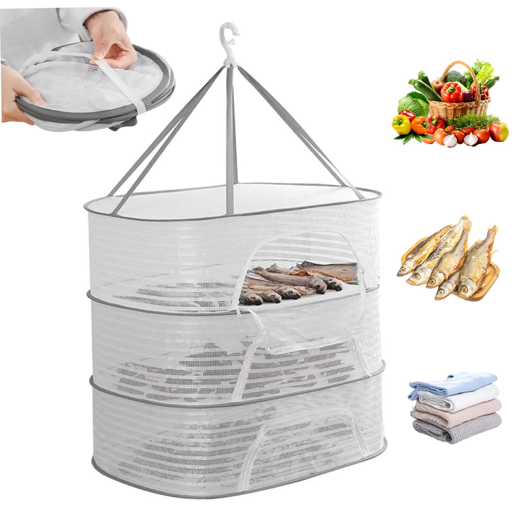 Ameble 3-Layer Collapsible Mesh Herb Drying Rack, 37x23.62x15.75in Hanging Dryer with Zip Windproof Hook, Breathable Net for Vegetables, Fish, Herbs, Laundry
