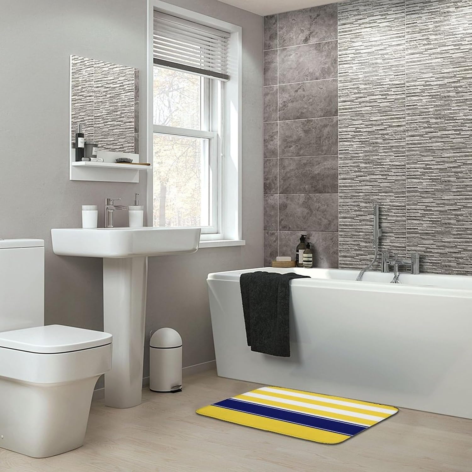 Luxury Bathroom Rug, Yellow Navy Blue Stripe Bath Mat Non Slip & Absorbent Bath Rug Carpets for Bathroom, 20 x 30inches
