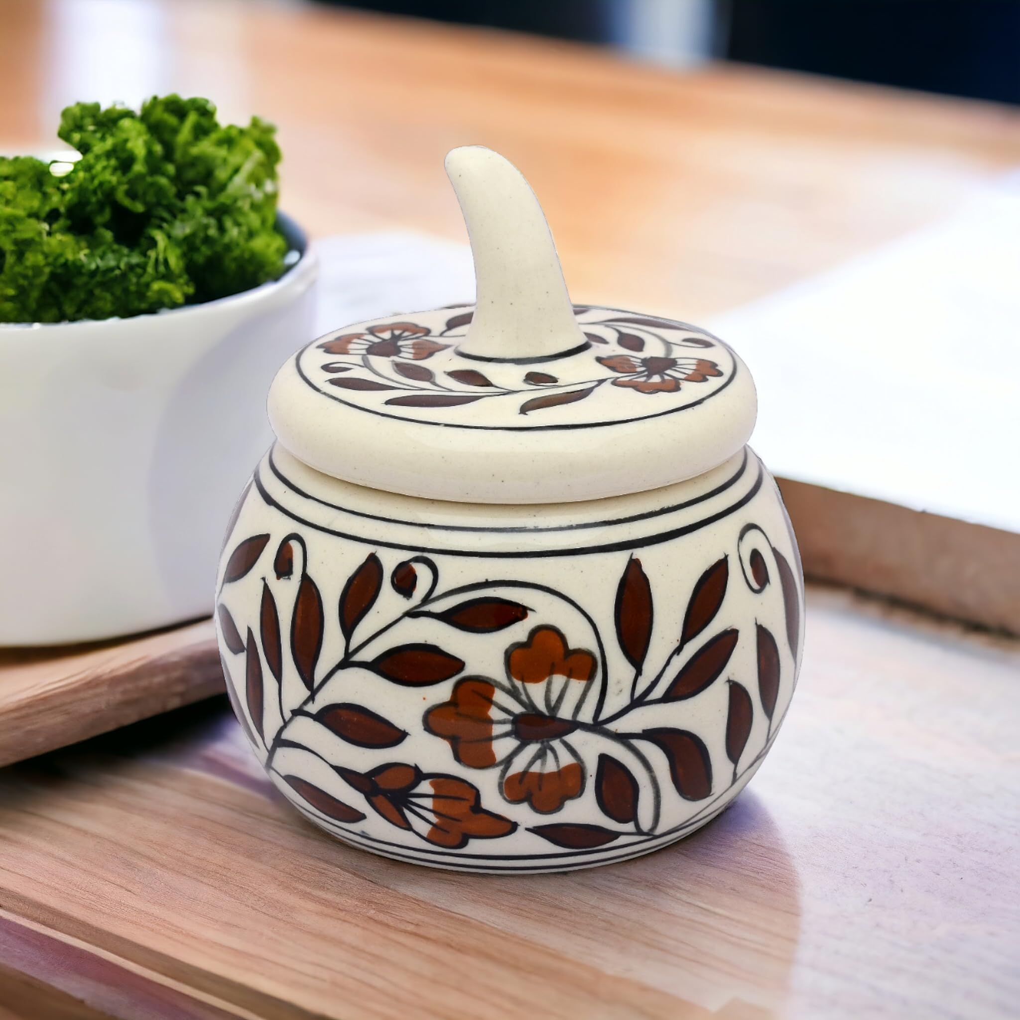 MALAIKAH Ceramic Storage Jar Salt Jar Brown Pack of 1 for Home, Kitchen, Dining, Kitchen Decor & Gifting-image-7