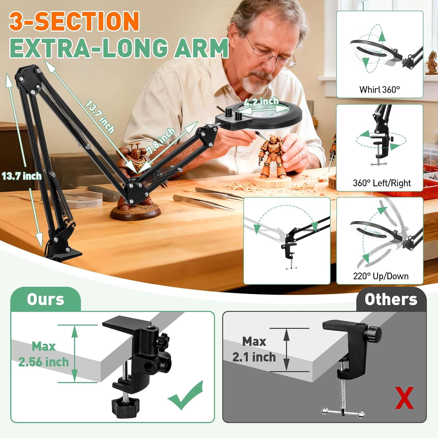 12X & 30X Magnifying Glass with Light, Ultra Long 3 Section Swing Arm LED Desk Lamp with Large Clamp, 3 Color and Brightness Hands Free Magnifier Light and Stand for Workbench Crafts Soldering