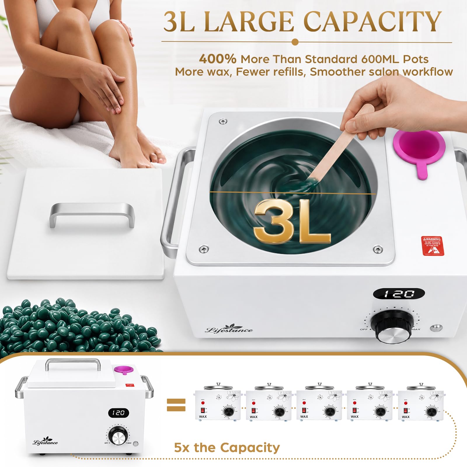 Scaldacera portatile per depilazione indolore: scaldacera professionale a pentola singola con temperatura regolabile, ideale per viso, corpo e salone, per donne e uomini (bianco)