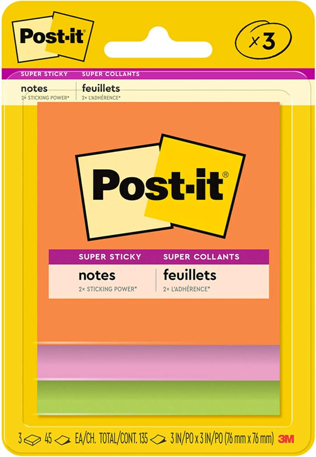 Postit Super Sticky Notes, 3x3 in, 3 Pads, 2x the Sticking Power