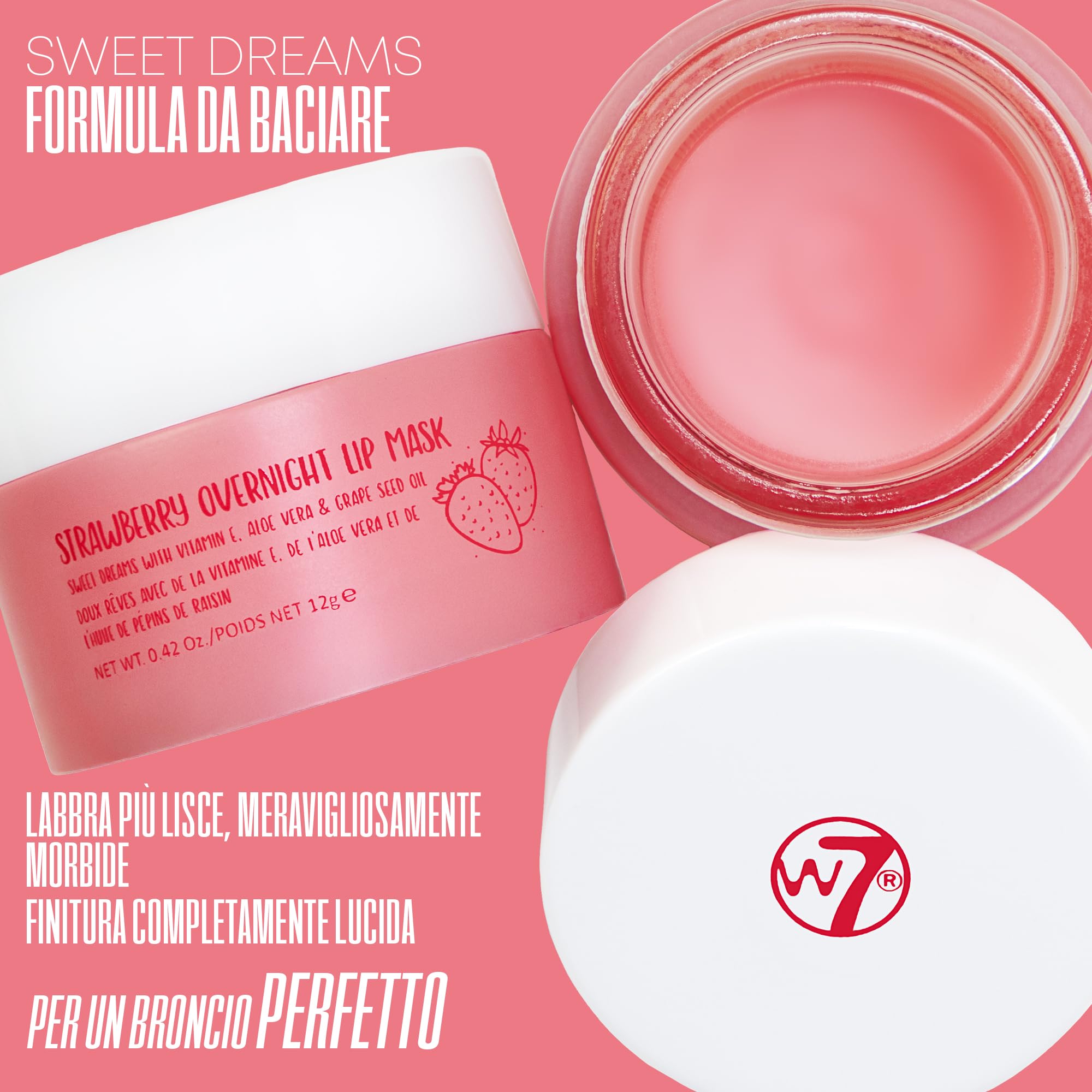 W7 Maschera Labbra Notte Sweet Dreams alla Fragola - Vitamina E, Aloe Vera e Olio di Semi d'Uva - Per labbra idratate, carnose e irresistibili