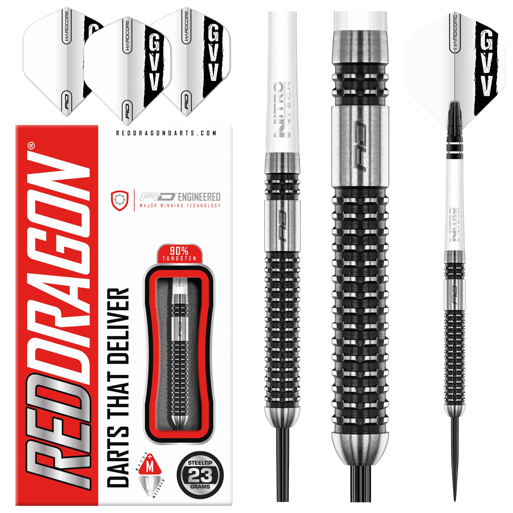 RED DRAGON Gian Van Veen Axis SE 23 Gram Premium Tungsten Steeltip Darts Set including Flights and Stems, Black and Silver, 23G