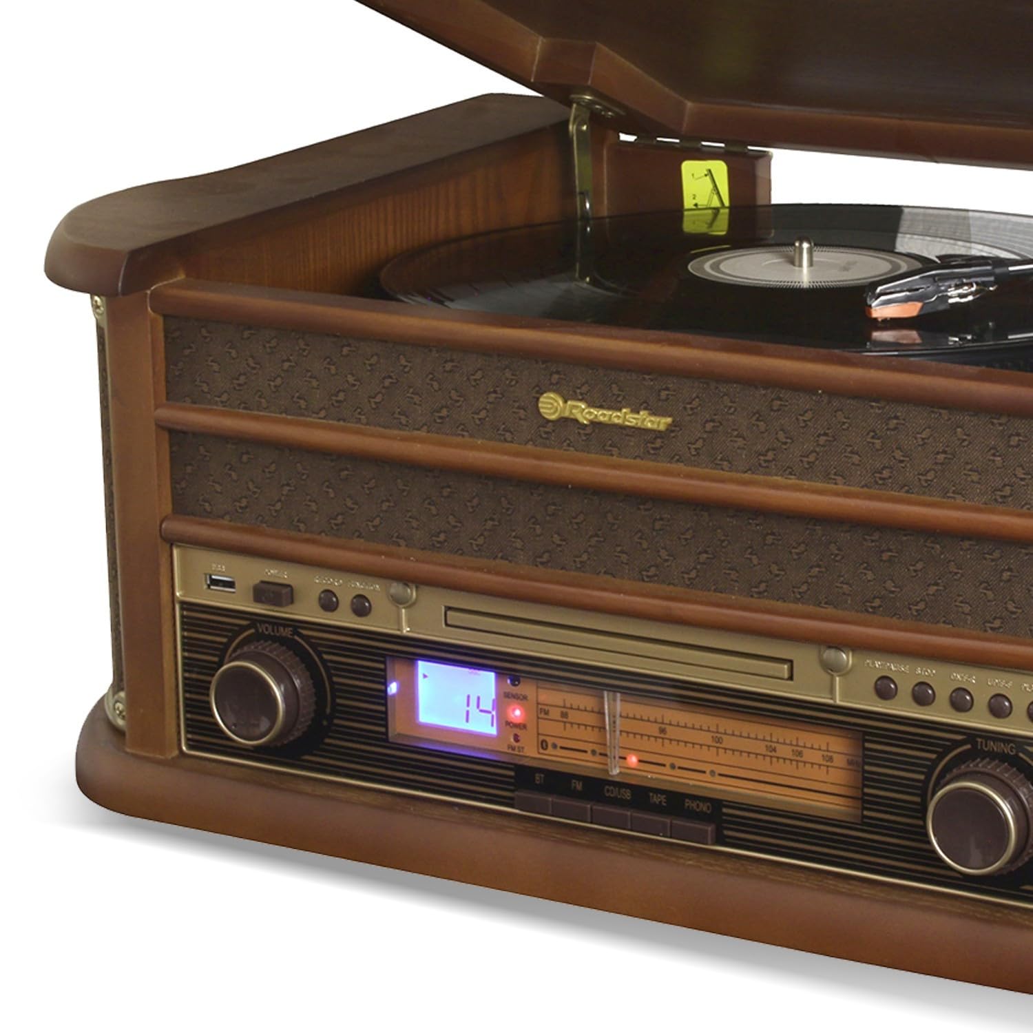 Platine Vinyle Roadstar HIF-1993BT 33-45-78 TRS, 2 Enceintes 32W PMPO, CD, Cassette, USB, Bluetooth, FM AM Radio, Finition Bois
