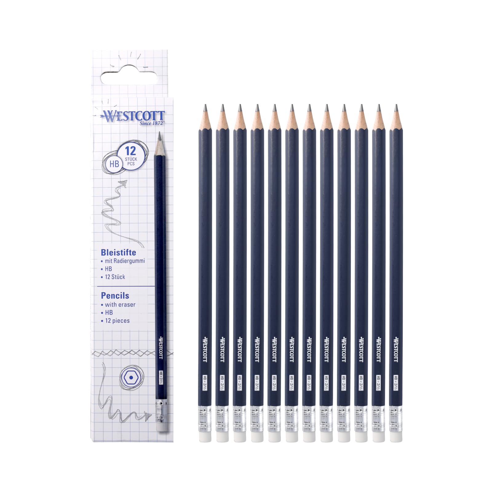 Westcott Ołówki HB, 12 sztuk | Value pack ołówków z gumką | Sześciokątny trzonek w kolorze ciemnoniebieskim | E-733992 00