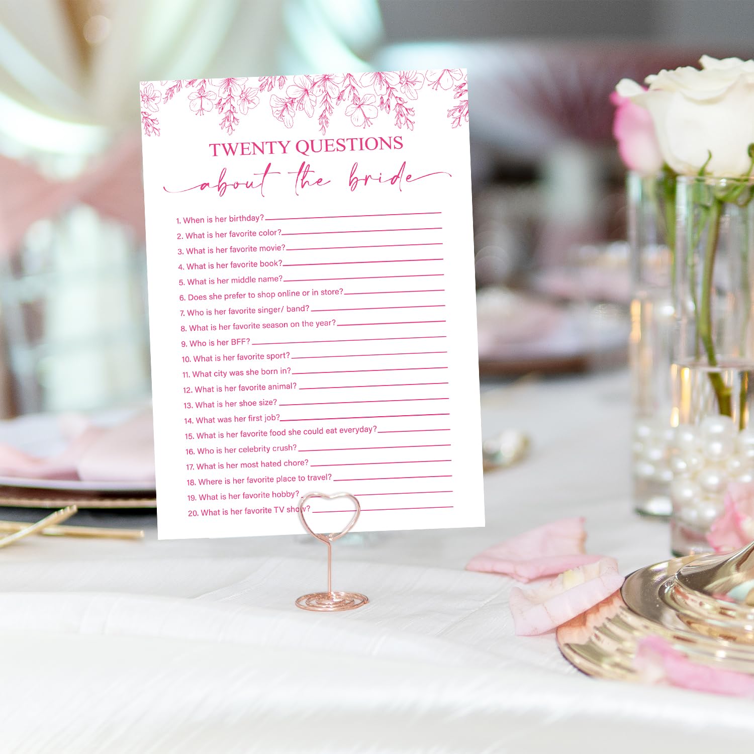 Tarjetas de juegos de despedida de soltera, veinte preguntas sobre la novia, actividad de juego de boda floral rosa para 25 invitados, suministros de fiesta de compromiso de despedida de
