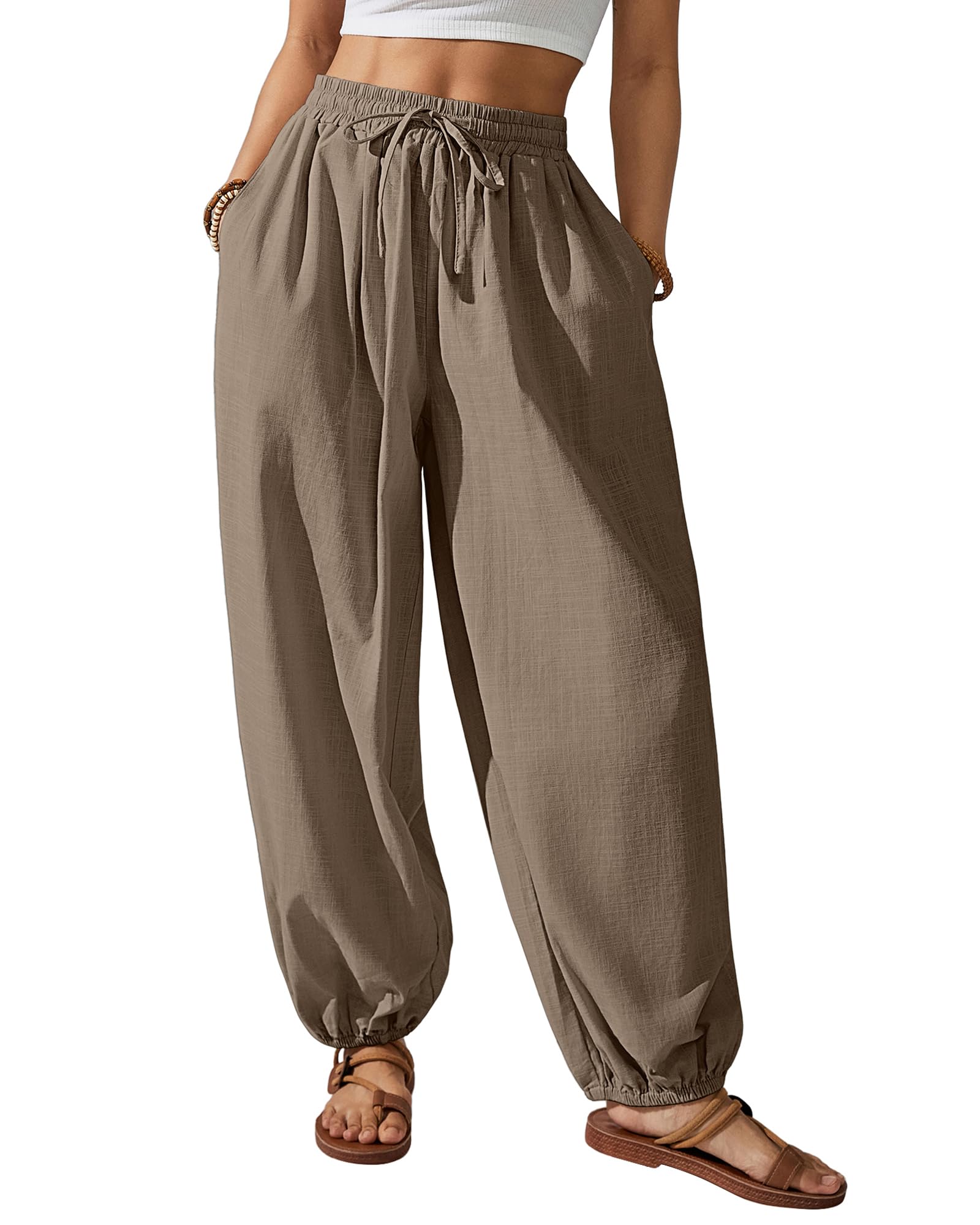 Bsubseach Womens Cotton Harem Pants Elastic Waist Baggy Pant Drawstring Balloon Trouser Loose Beach Pants with Pockets Coffee