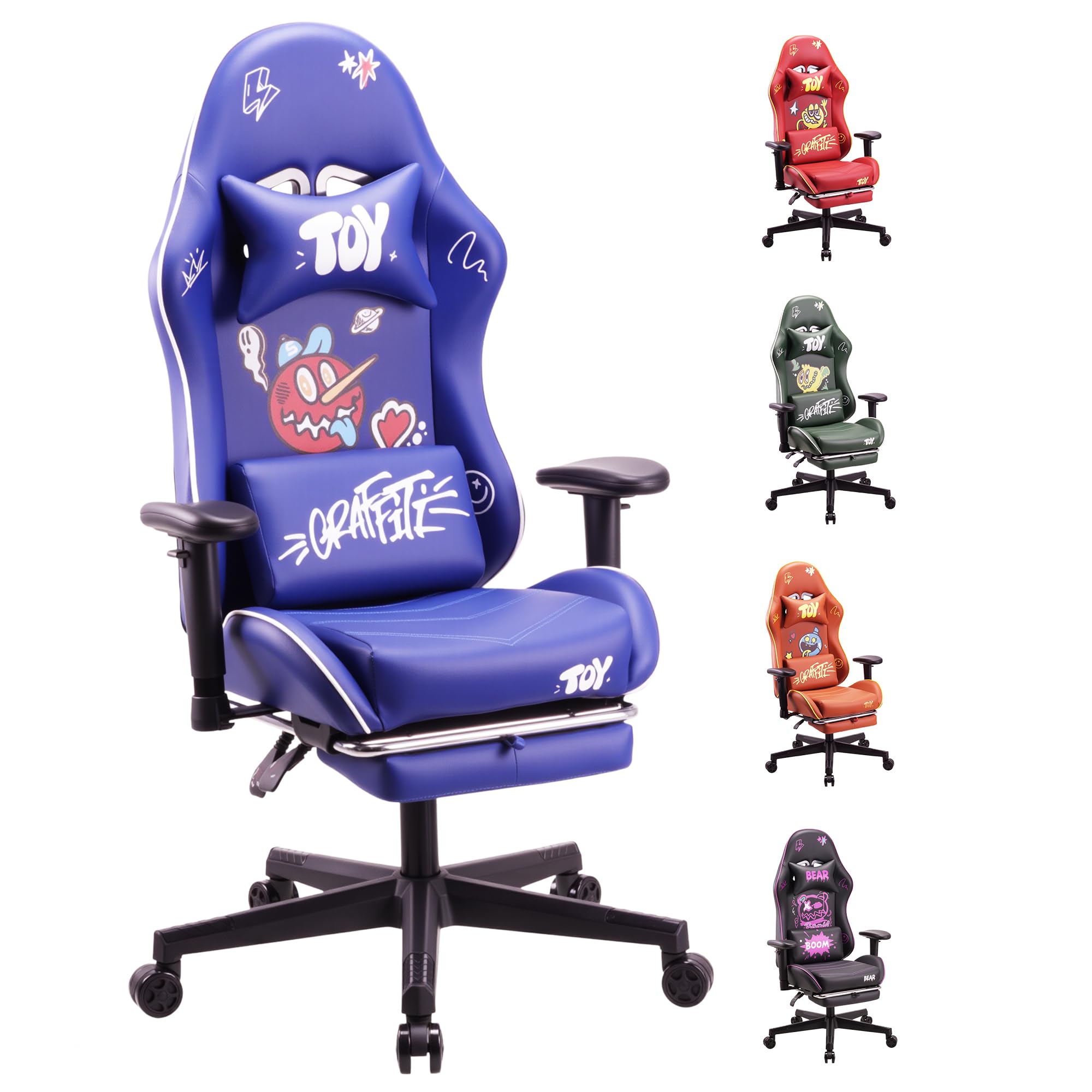 play haha Gaming Chair with Footrest, Ergonomic Reclining Gamer Chair with Adjustable Armrests, Faux Leather Computer Chair with Lumbar Support & Headrest, Swivel Desk Chair for Gaming Room Setup