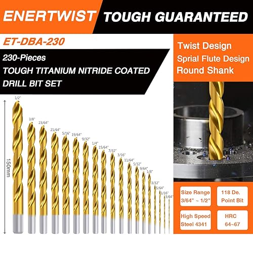 Miniatura 2 de EnerTwist - Juego de brocas de titanio para metal y madera (230 piezas, acero HSS, de 364" a 12", ET-DBA-230P