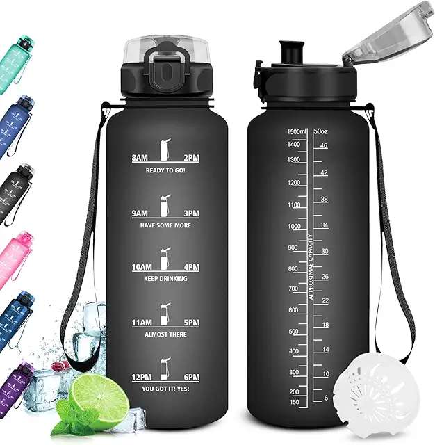 Gourde Sport 1,5L KollyKolla - Étanche, Réutilisable avec Marqueur de Temps