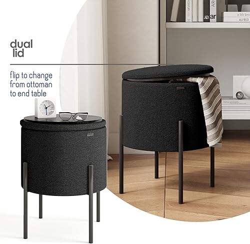 Miniatura 6 de STORAGEBUD Otomana redonda con almacenamiento, taburete de almacenamiento Boucle, taburete de tocador de maquillaje, reposapiés otomano pequeño,