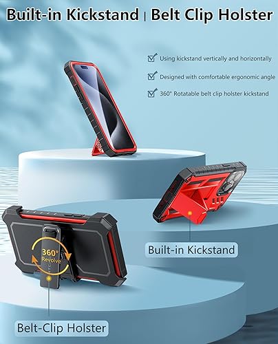 Miniatura 3 de FNTCASE Funda para iPhone 15-Pro-Max de 6.7 pulgadas, protector de pantalla integrado, soporte y clip para cinturón, resistente protección a prueba