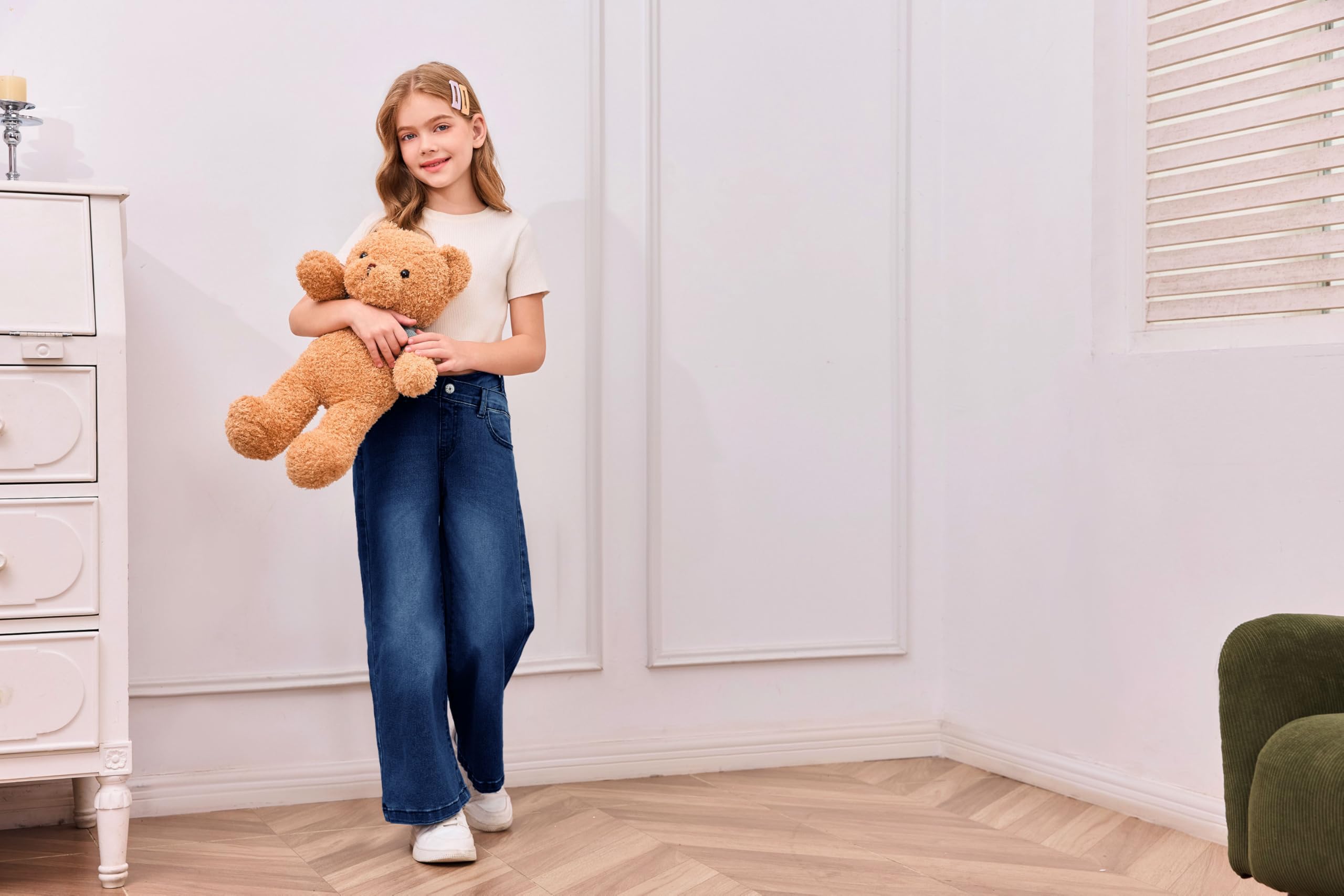 Haloumoning Pantalones vaqueros de cintura alta para niñas, pantalones vaqueros con cintura elástica, piernas anchas